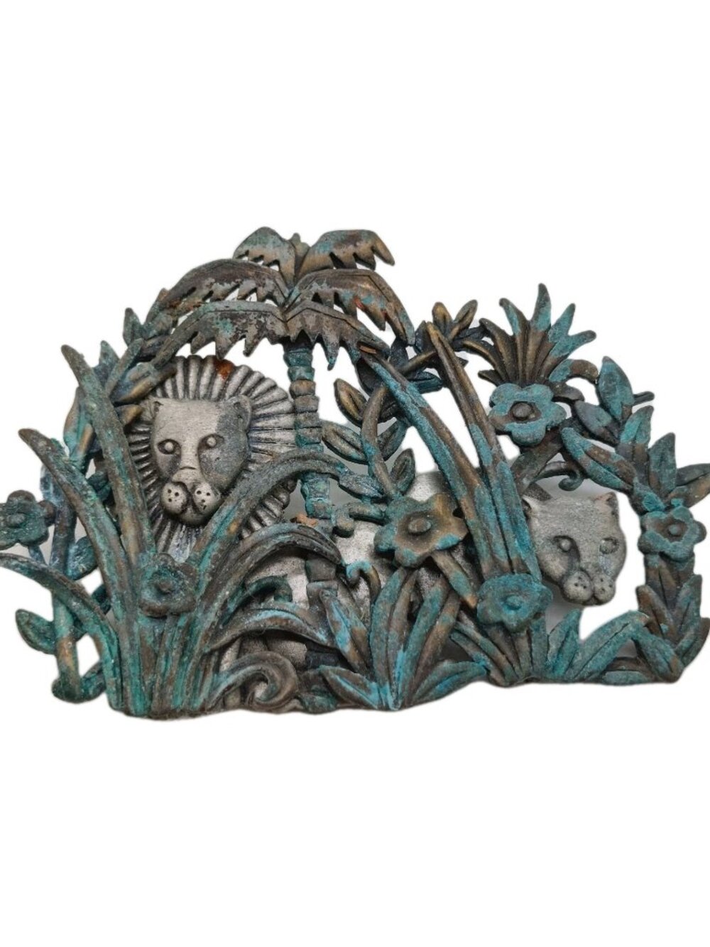 JJ Lion & Lioness Hiding Jungle Brooch Pin Silver Brass Tone Metal Patina Read